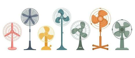 Fans in flat style, collection. Modern electric fans for airing the room. Icons, vector