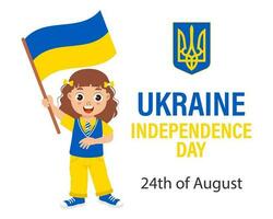 Ukraine's Independence Day. Cute little girl with the flag of Ukraine. Cartoon illustration, banner, poster, vector