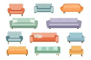 A set of sofas, ottomans. Collection of upholstered furniture for the home. Icons, illustration, vector