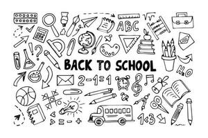 Back to school set in doodle style isolated on white background.Doodle lettering and school object collection. Sketch icon.Vector illustration. vector