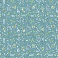 Back to school seamless pattern in doodle style. Hand drawn vector school supplies, stationery on pastel background.