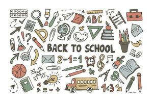 Back to school set in doodle style isolated on white background.Doodle lettering and school object collection. Sketch icon.Vector illustration. vector
