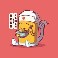 cerveza personaje comiendo un ramen cuenco vector ilustración. alimento, bebidas, marca diseño concepto.