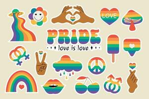 LGBT sticker pack on beige background. LGBTQ set. Symbol of the LGBT pride community. LGBT flat style icons and slogan collection. Rainbow elements. vector