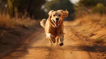 Golden Retriever running On Dirt Road - Generative AI, AI Generated photo