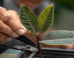 A man is pruning and cultivating an Indian rubber tree and putting it in a pot to grow. photo