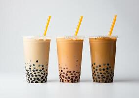 illustration of product photo of 3 plastic cups of boba milk tea, with bubbles, fun, solid soft pastel background