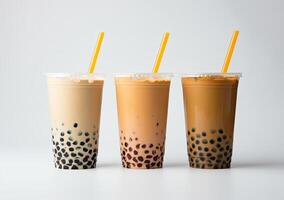 Generative AI illustration of product photo of 3 plastic cups of boba milk tea, with bubbles, fun, solid soft pastel background