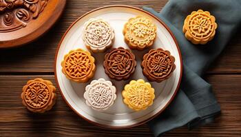 illustration of Chinese Mid Autumn Festival moon cakes arranged on a traditional Chinese porcelain plate, set on a rustic wooden table. Flat lay, top down photo