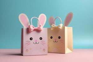 Two Gift Bags with Funny Animal Faces and Bunny Ears Sticking Out of It, Handle is Decorated with Bow. Festive Packaging. AI Generated photo