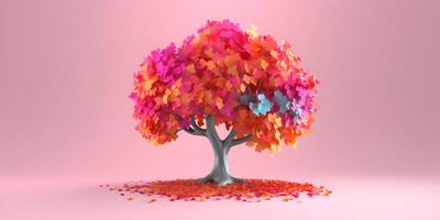 Autumn Tree with Colorful Leaves on Light Pink Background. photo
