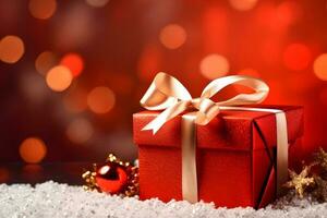 Red Gift Box with Silk Ribbon and Christmas Decorations on Bokeh Background. AI Generated photo