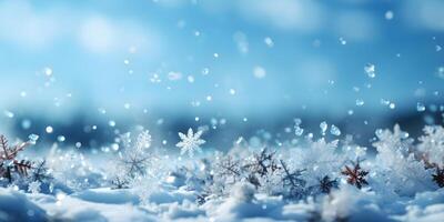 Winter Background with Snowflakes on Sunny Bright Blue Sky. AI Generated photo