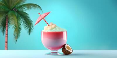 Cocktail with Coconut Cubes, Ice, Umbrella in Pink Glass. Light Blue Background with Blurred Palm Tree. AI Generated photo