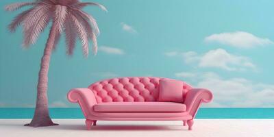 Pink Sofa with Cushion Against Blue Sky with Palm Tree. Place to Relax next to the Water. AI Generated photo