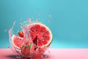 Watermelon Juice Splash. Refreshing Summer Combination with Grapefruit and Mint. Image with Copy Space, Blue and Pink Background. photo