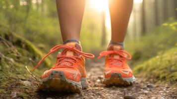Legs of a woman jogging in the forest. Walking and running in nature. Close up. photo