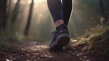 Legs of a woman jogging in the forest. Walking and running in nature. Close up. photo