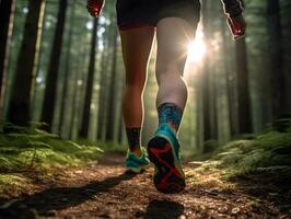 piernas de un mujer trotar en el bosque. caminando y corriendo en naturaleza. cerca arriba. ai generado foto