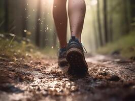 piernas de un mujer trotar en el bosque. caminando y corriendo en naturaleza. cerca arriba. ai generado foto