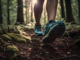 Legs of a woman jogging in the forest. Walking and running in nature. Close up. photo