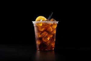 Iced lemon tea on plastic takeaway glass isolated on dark background. ai generated photo