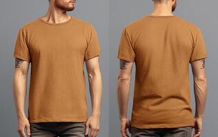 Photo realistic male beige t-shirts with copy space, front, and back view.