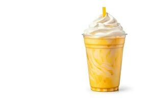 Mango smoothie milkshake in plastic takeaway cup isolated on white background with copy space. ai generated photo