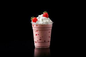 Strawberry milkshake in plastic takeaway cup isolated on black background. ai generated photo