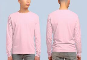 Man wearing a pink T-shirt with long sleeves. Front and back view. ai generated photo