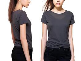 Photo realistic female grey t-shirts with copy space, front, and back view.