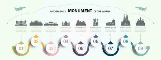 Travel landmark infographic world monument template. Modern infographic vector