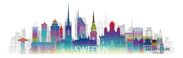 Travel architecture silhouette in Sweden with colorful halftone style. vector