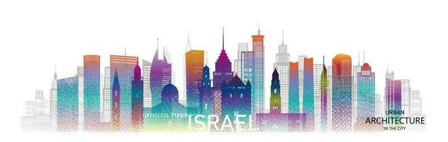 Travel architecture silhouette in Israel, jerusalem, aviv with colorful halftone style. vector