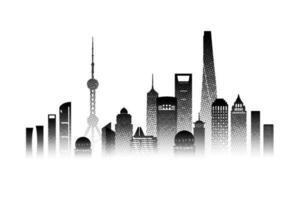 Travel architecture silhouette in Shanghai with black halftone style. vector