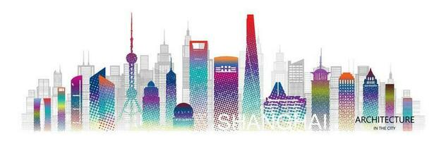 Travel architecture silhouette in Shanghai with colorful halftone style. vector