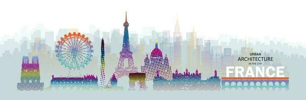 Travel architecture silhouette in France, paris, seine with colorful halftone style. vector