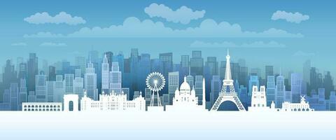 Travel landmarks France with silhouette architecture background, Tour europe isolated. vector