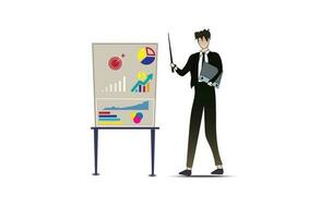 Businessman presenting Current State of Affairs Report.Man with white graph board presentation.trainings,reports.Space advertising, promotion. Vector design Business and office team.