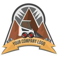 Logo for BobCat works company. BobCat loader on building plot during landscaping, construction and digging works with three mountains on background - vector image. Construction equipment concept