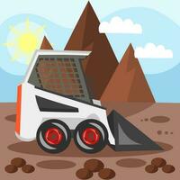 BobCat loader on building plot during landscaping, construction and digging works with mountains on background - vector image. Construction equipment concept