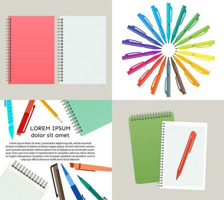 Set of four vector illustration with notebooks, pens and pencils.