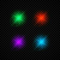 Light effect of lens flares. Set of four green, red, purple and blue glowing lights starburst effects with sparkles vector