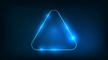 Neon rounded triangle frame with shining effects on dark background. Empty glowing techno backdrop. Vector illustration.