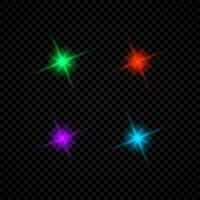 Light effect of lens flares. Set of four green, red, purple and blue glowing lights starburst effects with sparkles vector