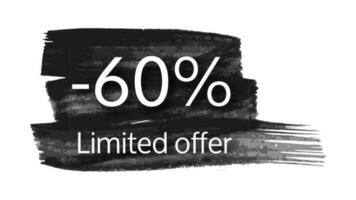 Limited offer banner on black brush stroke with a 60 discount. White numbers on black brush stroke on white background. Vector illustration