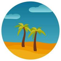 Cartoon nature landscape with two palms in the desert in circle. Vector illustration