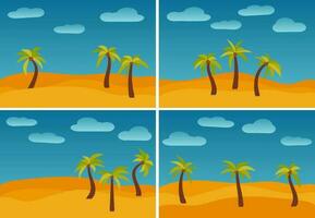 Set of four images with cartoon nature landscapes with three palms in the desert. Vector illustration.