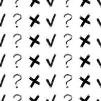 Seamless pattern with hand drawn check, cross and question mark symbols. Black sketch cross symbol on white background. Vector illustration