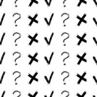 Seamless pattern with hand drawn check, cross and question mark symbols. Black sketch cross symbol on white background. Vector illustration